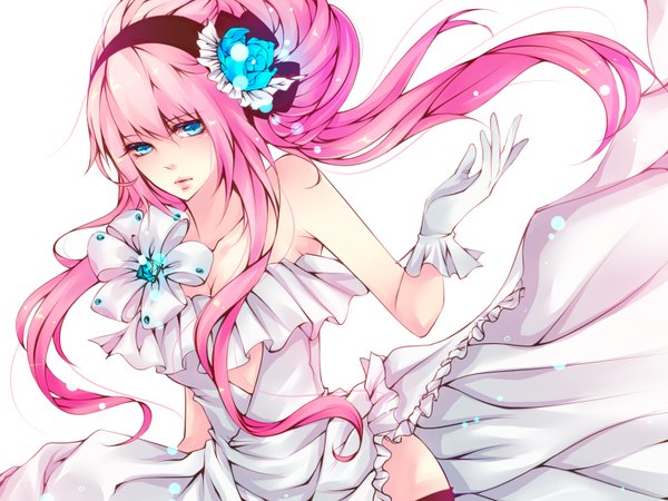 Anime picture 1600x1200 with vocaloid megurine luka nai (artist) long hair blue eyes simple background white background pink hair hair flower girl gloves hair ornament hairband