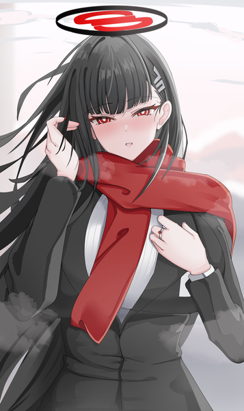 Anime-Bild 1339x2250 mit blue archive rio (blue archive) lengkuass single long hair tall image looking at viewer blush fringe black hair red eyes upper body blunt bangs adjusting hair girl scarf halo ring red scarf