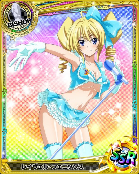 Anime picture 640x800 with highschool dxd ravel phenex single long hair tall image blush breasts blue eyes light erotic blonde hair smile twintails drill hair card (medium) girl thighhighs skirt gloves navel bow