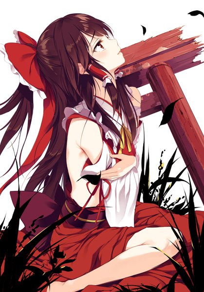 Anime picture 2500x3580 with touhou hakurei reimu eien no juu nana-sa single long hair tall image blush highres open mouth light erotic simple background brown hair white background sitting bare shoulders brown eyes full body traditional clothes parted lips japanese clothes