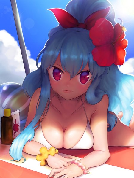 Anime picture 1500x2000 with sword girls tagme (character) o5doc single long hair tall image looking at viewer blush breasts light erotic large breasts purple eyes blue hair sky cleavage cloud (clouds) lying hair flower lips sunlight