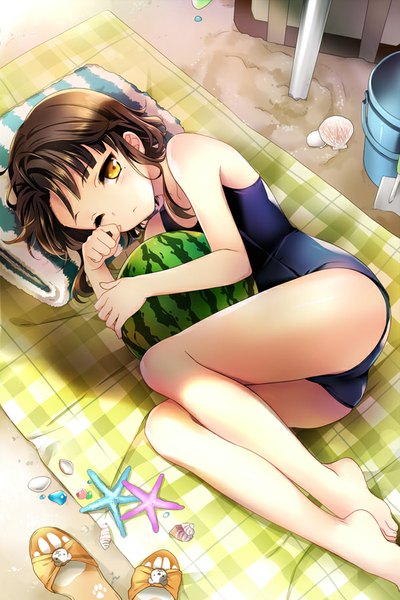 Anime picture 600x900 with sword girls sita vilosa mca (dessert candy) single tall image looking at viewer fringe short hair light erotic brown hair bare shoulders yellow eyes bent knee (knees) eyes closed barefoot bare legs shadow no shoes beach girl