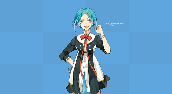 Anime picture 1282x706 with tsukiuta yuuki wakaba tagme (artist) single short hair open mouth blue eyes simple background smile wide image blue hair aqua hair character names hand on hip adjusting hair blue background girl dress hair ornament ribbon (ribbons)