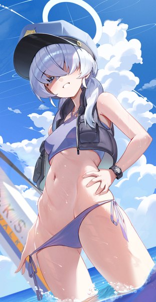 Anime-Bild 2000x3864 mit blue archive valkyrie police academy student (blue archive) hutosutoro single long hair tall image looking at viewer fringe highres blue eyes light erotic standing sky silver hair cloud (clouds) outdoors hair over one eye from below hand on hip groin