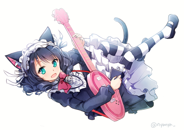 Anime-Bild 900x636 mit show by rock!! studio bones cyan (show by rock!!) strawberry heart nyanya single looking at viewer fringe short hair open mouth black hair simple background white background holding signed animal ears tail animal tail aqua eyes cat ears