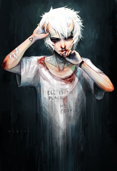 Anime picture 1024x1499 with original ajgiel single tall image short hair blue eyes signed white hair horn (horns) inscription tattoo finger to mouth dark background hand on head clothes writing nosebleed boy blood t-shirt bandaid