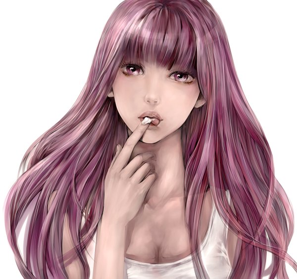 Anime picture 1300x1225 with vocaloid megurine luka kingyo0 single long hair breasts simple background white background purple eyes bare shoulders cleavage purple hair finger to mouth face girl tongue