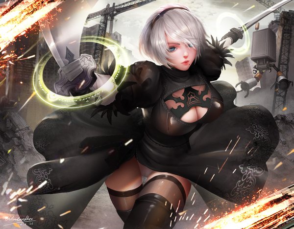 Anime picture 1523x1188 with nier nier:automata yorha no. 2 type b pod (nier:automata) turewindwalker single looking at viewer fringe short hair breasts blue eyes light erotic large breasts standing holding signed sky cleavage silver hair cloud (clouds)