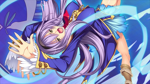 Anime picture 1024x576 with legend seven (game) single long hair open mouth wide image yellow eyes game cg purple hair girl skirt miniskirt