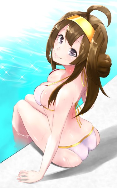 Anime picture 1050x1680 with kantai collection kongou battleship nouto single long hair tall image looking at viewer blush fringe breasts light erotic smile brown hair large breasts sitting purple eyes bare shoulders ahoge bent knee (knees) ass