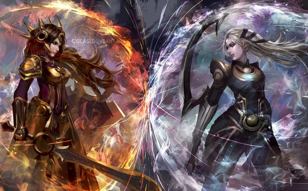 Anime picture 1200x744 with league of legends leona (league of legends) diana (league of legends) cglas long hair blue eyes brown hair wide image standing multiple girls holding signed silver hair profile grey eyes magic facial mark girl hair ornament weapon