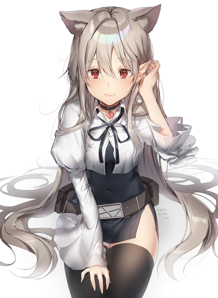 Anime picture 1312x1790 with original myo ne single tall image looking at viewer blush fringe simple background smile hair between eyes red eyes white background sitting signed animal ears very long hair pointy ears grey hair cat ears cat girl