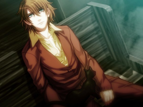 Anime picture 1160x870 with togainu no chi nitro+chiral nano (tnc) single looking at viewer short hair blue eyes brown hair open clothes open shirt pale skin boy animal choker cat bench