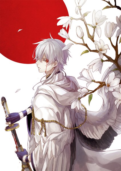 Anime picture 1240x1754 with touken ranbu nitroplus tsurumaru kuninaga amaichi esora single long hair tall image fringe simple background hair between eyes white background yellow eyes looking away silver hair white wings unsheathing bloody weapon bleeding boy gloves