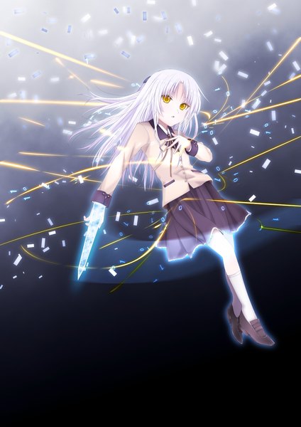 Anime picture 1500x2121 with angel beats! key (studio) tachibana kanade shichouson single long hair tall image yellow eyes white hair girl skirt uniform weapon school uniform miniskirt socks white socks