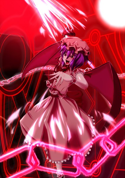 Anime picture 1753x2480 with touhou remilia scarlet takashi (harukasaigusa) tall image highres short hair open mouth red eyes purple hair fingernails teeth fang (fangs) long fingernails girl wings chain spear