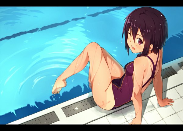 Anime picture 1000x714 with original kinta (distortion) looking at viewer blush short hair breasts open mouth black hair smile red eyes sitting one eye closed wet dark skin girl swimsuit water one-piece swimsuit pool competition swimsuit