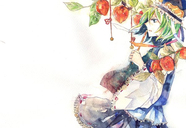 Anime picture 1500x1036 with touhou shikieiki yamaxanadu shiratsuyu single short hair simple background white background green eyes profile green hair traditional media watercolor (medium) girl plant (plants) hat bell jingle bell physalis