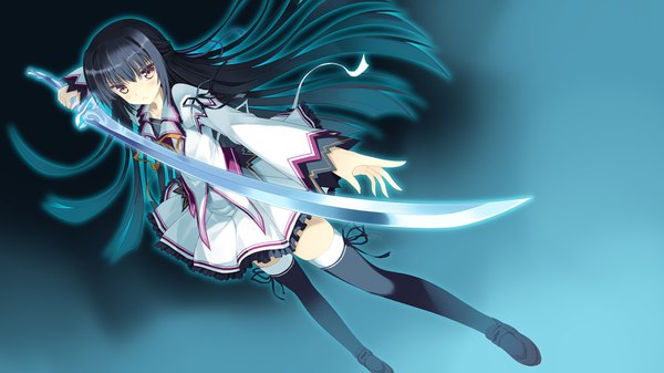 Anime picture 1280x720 with koiken otome kamishiro touko tateha (marvelous grace) long hair black hair wide image yellow eyes game cg dark background girl thighhighs uniform weapon school uniform white thighhighs sword