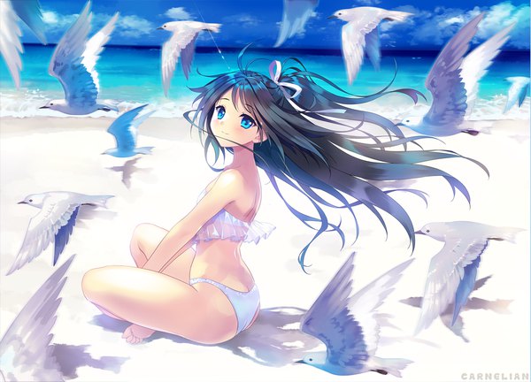 Anime picture 1200x865 with kantai collection katsuragi aircraft carrier carnelian single long hair looking at viewer blush fringe blue eyes light erotic black hair smile sitting bare shoulders signed sky cloud (clouds) full body ahoge ass