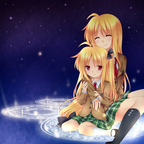 Anime picture 1500x1500 with mahou shoujo lyrical nanoha mahou shoujo lyrical nanoha strikers fate testarossa 467 (artist) long hair blonde hair red eyes multiple girls ahoge eyes closed night hug magic snowing girl 2 girls serafuku magic circle