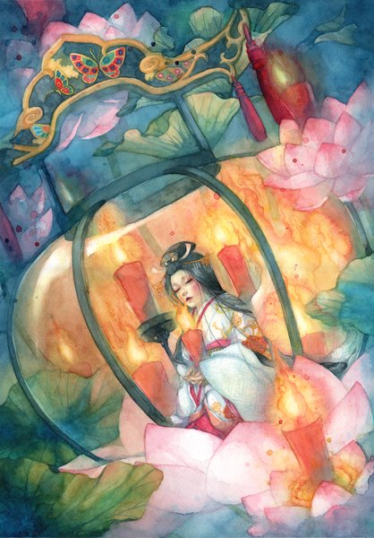 Anime picture 1500x2153 with original shuka (artist) single long hair tall image black hair japanese clothes black eyes traditional media watercolor (medium) girl hair ornament flower (flowers) kimono candle (candles) hairpin (hairpins) water lily