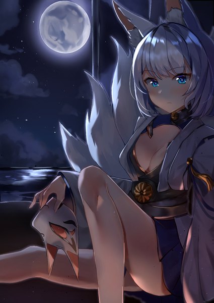 Anime picture 910x1285 with azur lane kaga (azur lane) refile single tall image looking at viewer blush fringe short hair breasts blue eyes light erotic sitting holding animal ears cleavage silver hair cloud (clouds) bent knee (knees) tail