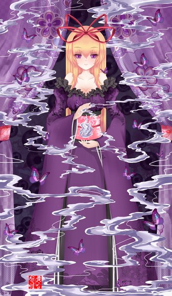 Anime picture 1050x1800 with touhou yakumo yukari dusk/dawn single long hair tall image looking at viewer blonde hair purple eyes bare shoulders girl dress ribbon (ribbons) hair ribbon insect butterfly