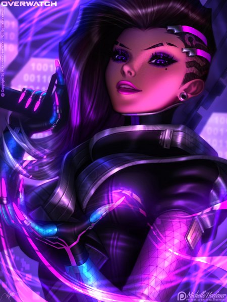 Anime picture 902x1202 with overwatch blizzard entertainment sombra (overwatch) michelle hoefener single long hair tall image looking at viewer black hair purple eyes signed purple hair upper body parted lips lips realistic mole copyright name mole under eye lipstick