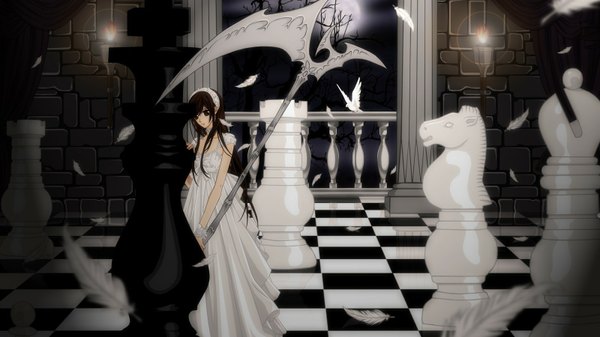 Anime picture 1600x900 with vampire knight studio deen cross yuki cilou (artist) long hair wide image brown eyes white hair checkered floor girl dress plant (plants) animal tree (trees) white dress bird (birds) feather (feathers) full moon scythe pigeon