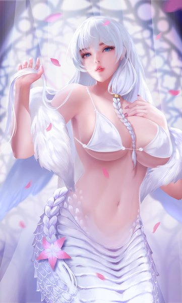 Anime picture 1000x1660 with original blessing single long hair tall image looking at viewer fringe breasts blue eyes light erotic hair between eyes large breasts white hair indoors tail braid (braids) nail polish fingernails underboob hand on chest