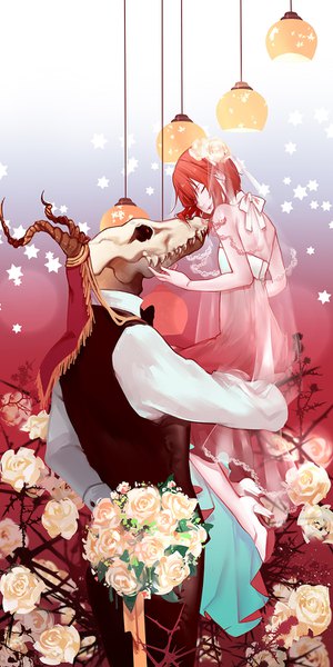 Anime picture 750x1500 with mahou tsukai no yome wit studio hatori chise ellias ainsworth recentia tall image short hair standing sitting bare shoulders holding payot red hair eyes closed hair flower horn (horns) high heels hug arm behind back sitting on person