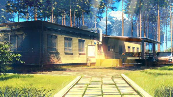 Anime picture 1920x1080 with everlasting summer iichan eroge arsenixc vvcephei highres wide image game cg sunlight wallpaper no people scenic collaboration camp plant (plants) tree (trees) window building (buildings) grass ground vehicle forest