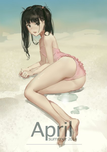 Anime picture 744x1052 with original hjl single long hair tall image looking at viewer light erotic black hair twintails brown eyes ass lying barefoot wet beach on side girl swimsuit one-piece swimsuit
