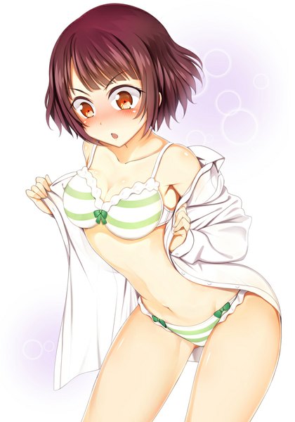 Anime picture 700x1000 with yamada-kun to 7-nin no majo lidenfilms itou miyabi zhou yu (xyz-t) single tall image blush fringe short hair breasts open mouth light erotic simple background brown hair open clothes orange eyes open shirt girl navel underwear