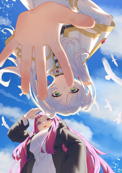 Anime-Bild 2480x3508 mit sousou no frieren frieren fern (sousou no frieren) suzi long hair tall image looking at viewer highres purple eyes twintails multiple girls green eyes sky silver hair purple hair cloud (clouds) pointy ears from below close-up elf