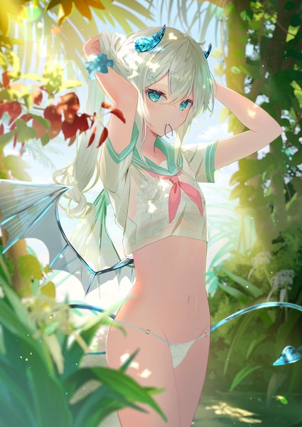 Anime picture 2480x3500 with original omelet tomato single long hair tall image looking at viewer fringe highres blue eyes light erotic hair between eyes standing holding white hair tail sunlight scan arms up short sleeves mouth hold