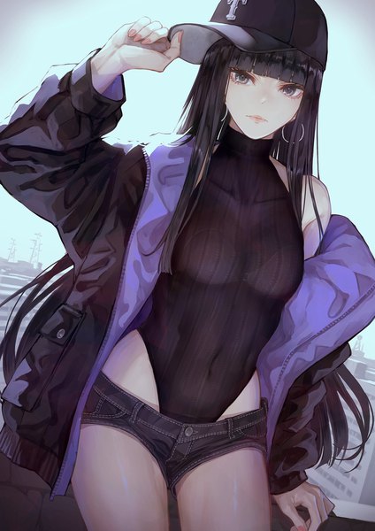 Anime picture 2894x4093 with original kaoming single long hair tall image looking at viewer fringe highres breasts light erotic black hair sitting sky outdoors blunt bangs long sleeves arm up off shoulder arm support open jacket