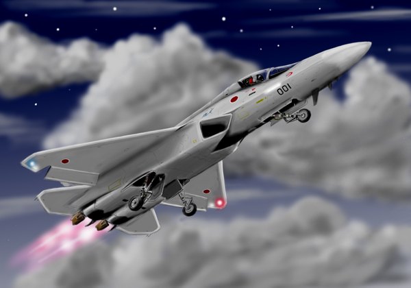 Anime picture 1515x1063 with original zephyr164 signed sky cloud (clouds) night night sky flying pilot weapon airplane jet