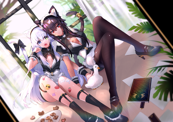 Anime picture 2000x1414 with original usagihime long hair looking at viewer fringe highres breasts open mouth blue eyes light erotic black hair hair between eyes red eyes large breasts sitting multiple girls green eyes animal ears payot full body