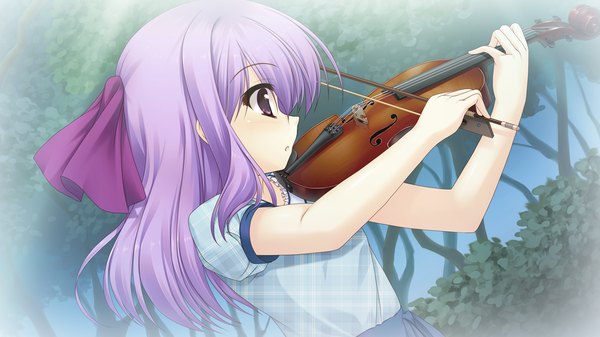 Anime picture 1280x720 with shirogane otome furumiyama hatsumi kamiya tomoe single long hair open mouth wide image purple eyes game cg purple hair profile girl dress musical instrument violin