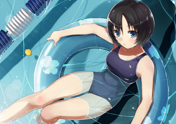 Anime picture 1000x706 with hareno chiame (artist) single looking at viewer blush short hair blue eyes black hair afloat girl swimsuit water one-piece swimsuit swim ring pool rubber duck wading pool