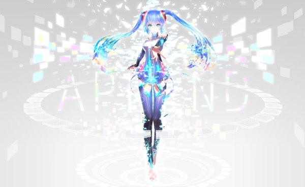 Anime picture 2609x1605 with vocaloid vocaloid append hatsune miku hatsune miku (append) iori (yakata-bako) single looking at viewer highres wide image twintails multicolored hair barefoot aqua eyes outstretched hand weightlessness girl thigh boots vest