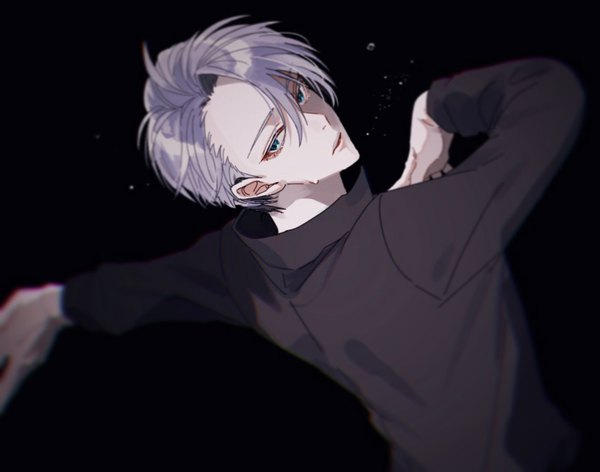 Anime picture 1096x863 with yuri!!! on ice mappa viktor nikiforov yamada chickenko single fringe short hair simple background hair between eyes looking away silver hair upper body looking back aqua eyes sweat black background boy turtleneck