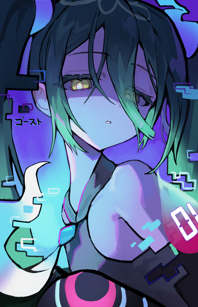 Anime-Bild 2632x4090 mit vocaloid project voltage hatsune miku ghost miku (project voltage) lerome single long hair tall image looking at viewer fringe highres hair between eyes twintails yellow eyes upper body green hair purple background girl