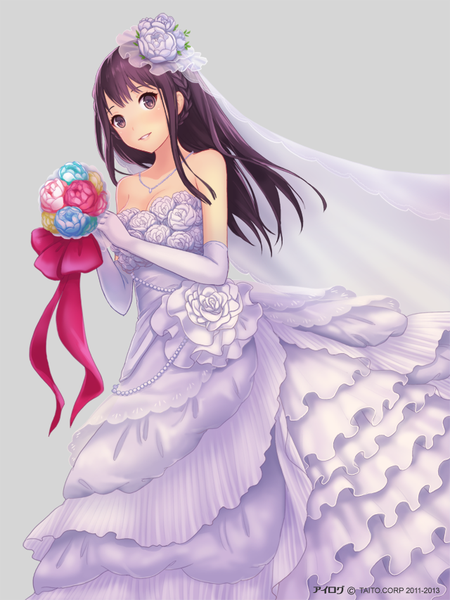 Anime picture 640x853 with ilog ikura shizuku occhan single long hair tall image blush fringe simple background standing purple eyes bare shoulders purple hair hair flower grey background sleeveless girl dress gloves hair ornament