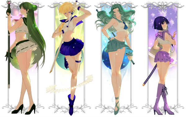 Anime picture 1200x755 with bishoujo senshi sailor moon toei animation tomoe hotaru kaiou michiru sailor saturn tenou haruka meiou setsuna sailor neptune sailor uranus sailor pluto joseph lee long hair looking at viewer short hair blue eyes black hair blonde hair smile standing purple eyes