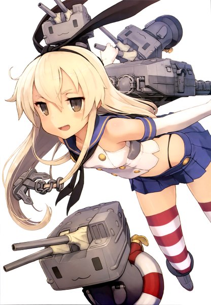 Anime picture 4084x5883 with kantai collection nyantype shimakaze destroyer rensouhou-chan shizuma yoshinori single long hair tall image blush highres open mouth blonde hair simple background white background brown eyes looking away absurdres official art spread arms girl