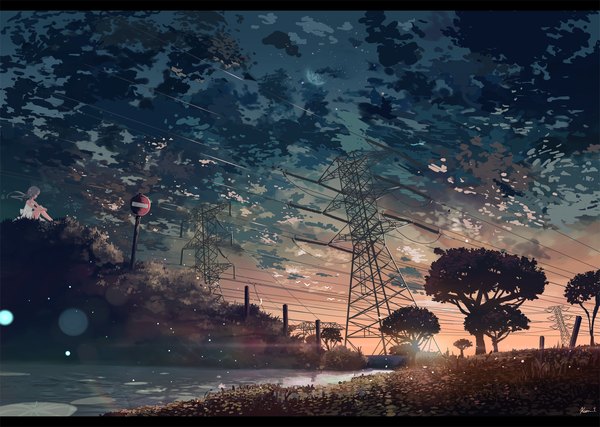 Anime picture 2123x1511 with original kein-tan single long hair highres smile sitting bare shoulders looking away sky cloud (clouds) bent knee (knees) wind grey hair sunlight night bare legs night sky evening reflection