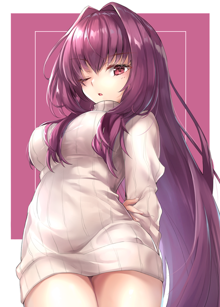 Anime picture 1066x1491 with fate (series) fate/grand order scathach (fate) (all) scathach (fate) hane yuki single long hair tall image looking at viewer blush fringe breasts open mouth simple background hair between eyes red eyes standing purple hair long sleeves one eye closed
